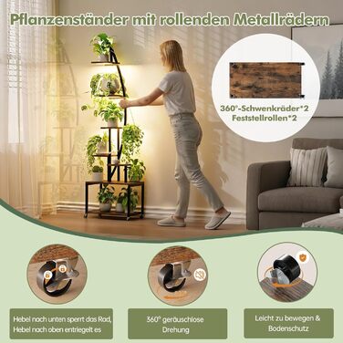 Підставка для рослин з лампою для вирощування, 7-рівнева підставка для квітів (165 см), полиця для рослин з металу та дерева з фіксуючими колесами, підставка для квітів для внутрішнього/зовнішнього використання, декоративна підставка для квітів для саду а