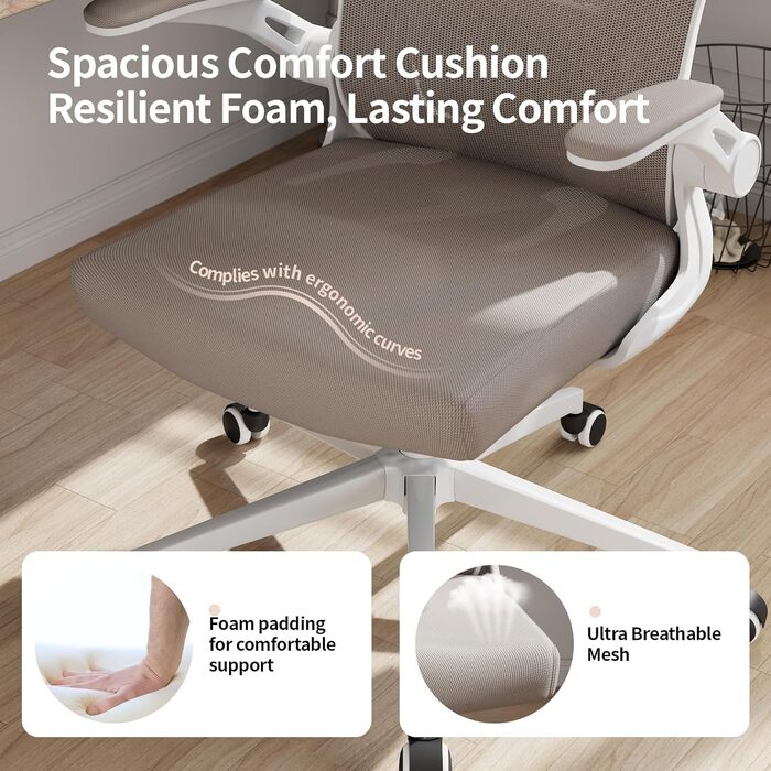 Ергономічне офісне крісло Monhey, висока спинка, сітчаста тканина, комп&39ютерне крісло з відкидними підлокітниками, регульованою поперековою опорою та підголівником, обертове крісло для дому та офісу 01beige