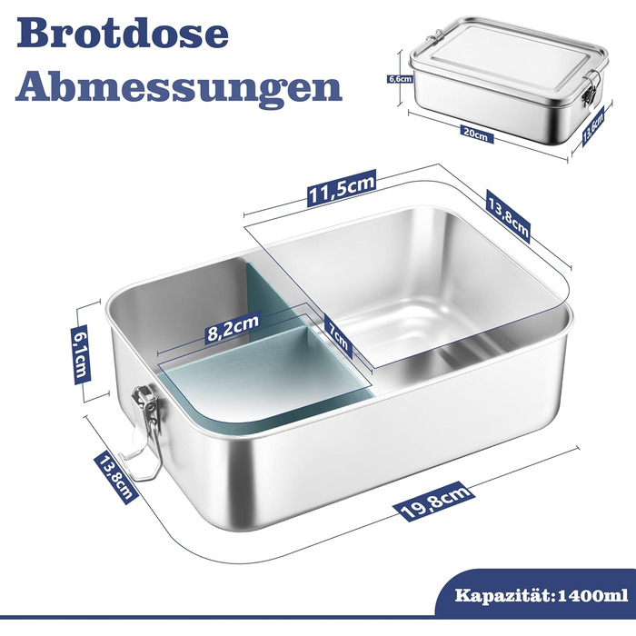 Ланчбокс Homikit з роздільниками, 1400 мл, нержавіюча сталь. Бенто-бокс для дітей та дорослих, герметичний металевий контейнер з ущільнювачем для школи, офісу, пікніка. Можна мити в посудомийній машині.