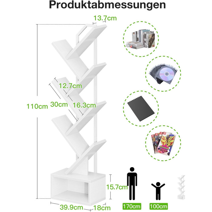 Книжкова полиця Coleshome у формі дерева, 6-ярусна окремостояча полиця, дерев&39яна книжкова полиця, підходить для вітальні та спальні, біла