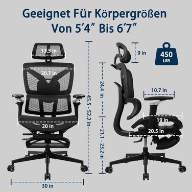Ергономічне офісне крісло для високих і важких людей з підставкою для ніг, регульованими підлокітниками 5D, поперековою опорою, сітчастою спинкою, регульованою глибиною сидіння, обертове ігрове крісло, чорний колір S3 Elite Pro