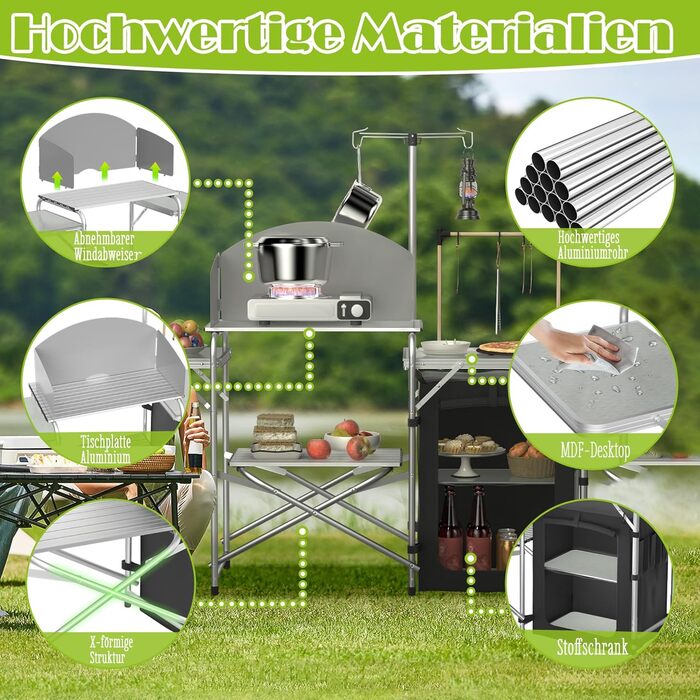Складана кемпінгова кухня, кемпінгова шафа з алюмінію з 3 робочими поверхнями, відділенням для шафи, підставкою для світла та 4 гачками, вулична кухня, кемпінгова шафа