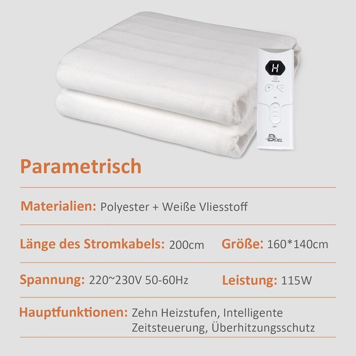Підігріта ковдра DOEL 160x140 см, подвійна підігріта підковдра з 10 режимами нагріву, електрична підігріта ковдра з автоматичним вимкненням 3/12 годин, підігрів матраца, який можна прати в пральній машині, 220-230 В, 50-60 Гц, 115 Вт, білий