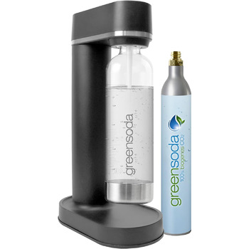 Виробник газованої води greensoda (чорний) - екологічна газована вода без пластику - повний пакет, включаючи балон CO2 та 1 літрову ПЕТ-пляшку