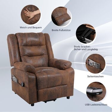 Електричне крісло-реклайнер для телевізора з підйомником, масажне крісло з функцією підігріву, функцією нахилу спинки, пульт дистанційного керування, регульоване, функція сну та підставка для ніг, до 220 кг, коричнева флокована шкіра