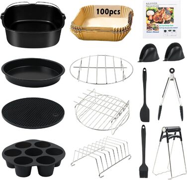 Аксесуари для фритюрниці MaxEarn 14 шт. , Набір аксесуарів для фритюрниці 8 дюймів з кухонним кошиком, формою для піци, тримачем для шампура, аксесуарами для фритюрниці Аерофритюрниці для ніндзя Philips Cosori Princess XL 5.5 л фритюрниці 14 предметів