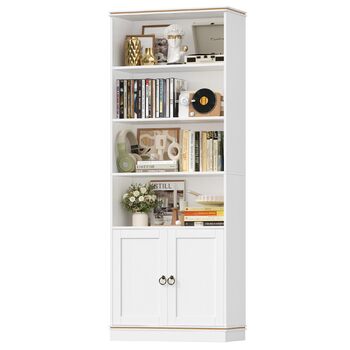 Книжкова полиця HOCSOK заввишки 188 см, окремостояча полиця з 7 полицями, книжкова шафа з натуральною деревною текстурою, полиця для зберігання речей для кабінету, офісу, вітальні, 1886030 см, білий