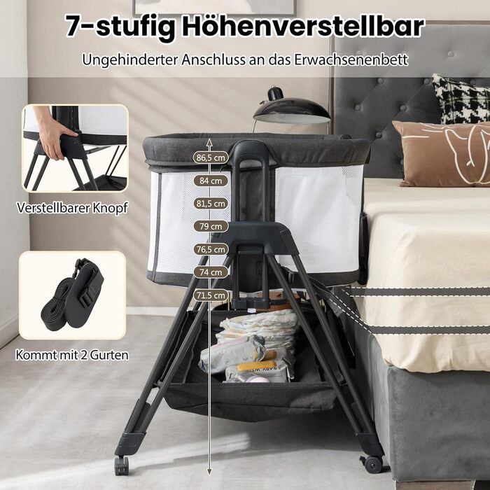 Дитяче ліжечко DREAMADE, 7-рівневе регульоване по висоті дорожнє ліжечко з матрацом та колесами, складне дитяче ліжечко з регульованим кутом нахилу, для дітей 0-6 місяців та вагою до 9 кг (темно-сіре)