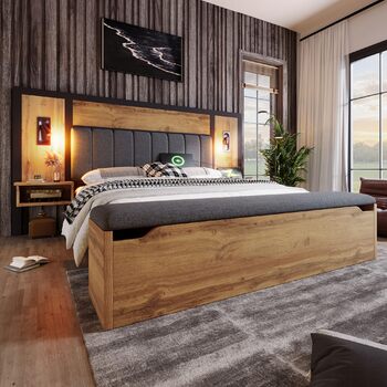 Двоспальне ліжко з м&39якою оббивкою, каркас ліжка з лампою для читання та USB-портом, тумбочка та лавка з місцем для зберігання речей, каркас ліжка з рейковою основою з металу, дерева та льону, дуб (без матраца) (180200 см)