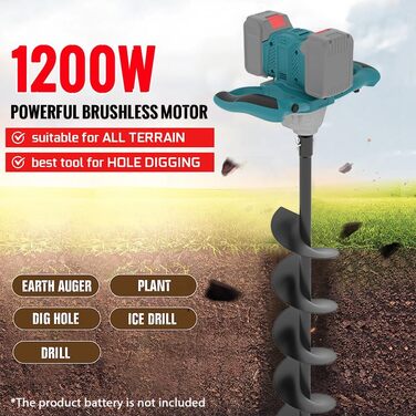 Акумуляторний ґрунтобур для Makita 18V, 1200W безщітковий двигун, для буріння отворів діаметром до 350мм (ґрунт, лід), для встановлення парканів, саду та фундаментів, мішалка для розчину. Постачається без зарядного пристрою та бура (без акумулятора).