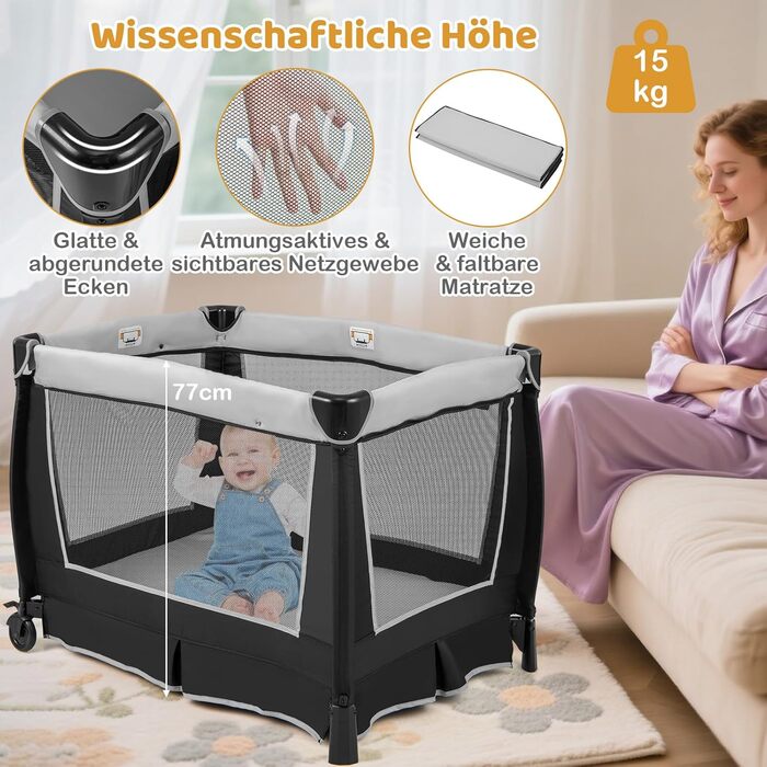 Ліжечко-дорожнє COSTWAY 6-в-1 з матрацом, портативна дитяча колиска з регульованим балдахіном, складне дитяче ліжко/спальне місце з пеленальний килимок, музичний мобіль та сумка для перенесення для дітей до 3 років, вантажопідйомність 15 кг (сірий) (1 упа