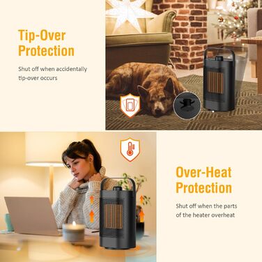 Енергозберігаючий та тихий електричний вентилятор-обігрівач - керамічний нагрівальний елемент PTC потужністю 1500 Вт, 3 швидкості, захист від перегріву/перекидання, невеликий вентилятор-обігрівач для ванної кімнати, кімнати, офісу, спальні, чорний