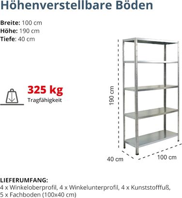 Система стелажів SCHULTE з 5 полицями PowerMAX, вантажопідйомність 65 кг, 190x100x40 см (ВxШxГ), оцинкована, полиця для зберігання, полиця для майстерні, полиця для підвалу, полиця для гаража, металева полиця