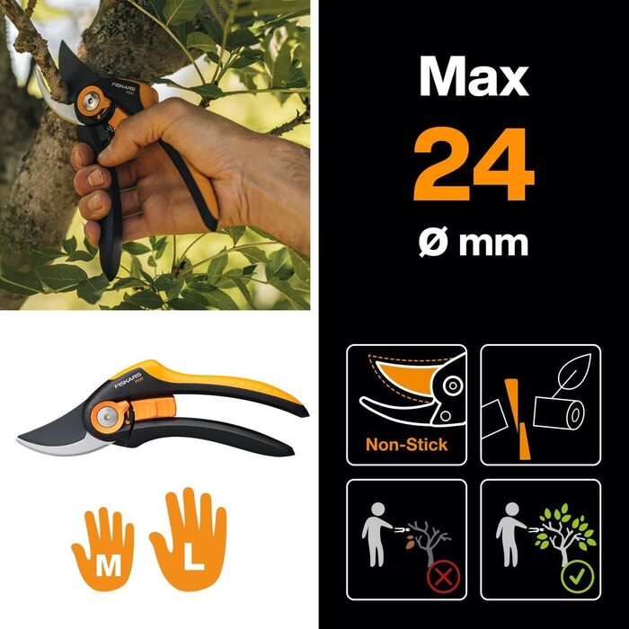Садові ножиці Fiskars Bypass, Plus SmartFit, P541, Для свіжих гілок та сучків, Антипригарне покриття, Леза з нержавіючої сталі, Довжина 20,1 см, Чорний/Помаранчевий, 1057169 Садові ножиці P541 Одинарні