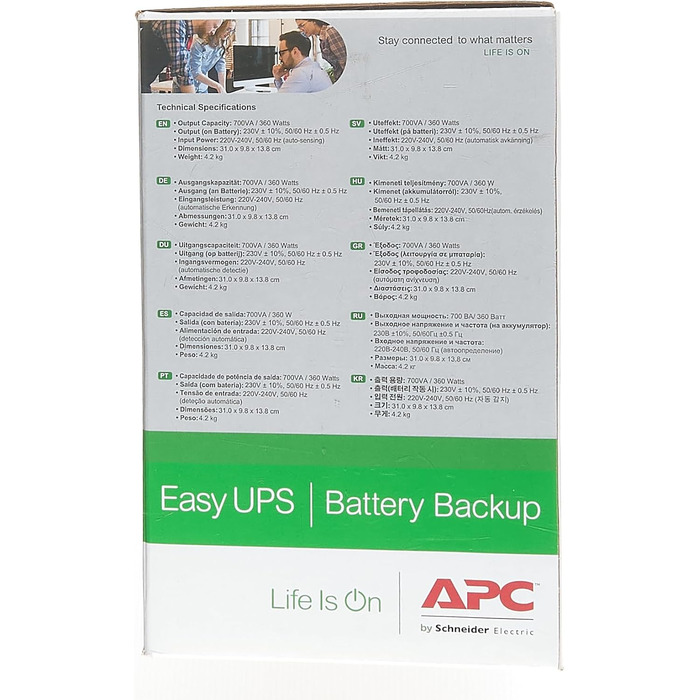 ДБЖ APC Easy UPS - BVX900LI-GR - джерело безперебійного живлення 900 ВА з виходами Schuko, запобіжник акумулятора та захист від перенапруг, резервний акумулятор із стабілізатором стабілізатора, світлодіодні індикатори (700 ВА / 360 Вт, виходи DIN, одинарн