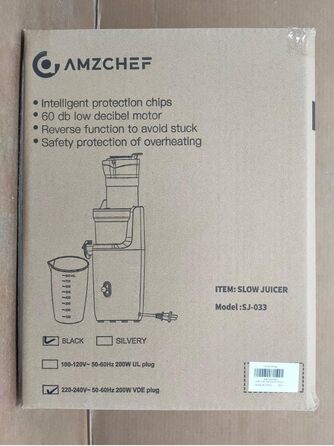 Соковижималка для цілих фруктів AMZCHEF - повільна соковижималка з великим відкриттям 80 мм - переможець тесту соковижималки для овочів і фруктів з покращеним шнеком, двошаровим фільтром, ретро-тумблером, тихим двигуном - сріблястий срібло 17,9T x 16,7 Вт