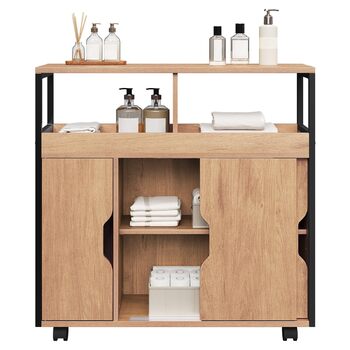 Шафка для ванної кімнати EUGAD, вузька нішева шафка, шафка для ванної кімнати з 2 відкритими відділеннями, регульована полиця, розсувні дверцята, нішева полиця з колесами, 70x70x20 см, чорний світлий дуб E1-MDF метал 70x20x70 см