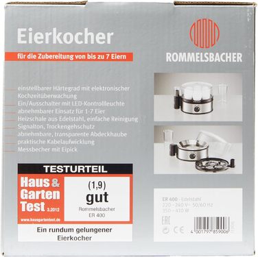 Яйцеварка ROMMELSBACHER ER 400 - на 1-7 яєць, регульована твердість, електронний контроль часу приготування, вимикач, звуковий сиг