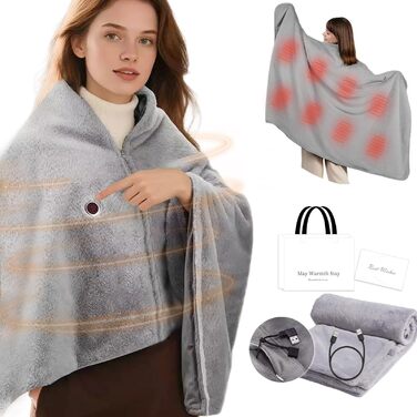 Бездротова електрична ковдра з 8-зонним обігрівом, 3 режими нагріву, подовжувач 1,5 м, хутро кролика, можна прати, електрична ковдра, яку можна носити, для дивана, офісу, автомобіля, кемпінгу, сіра