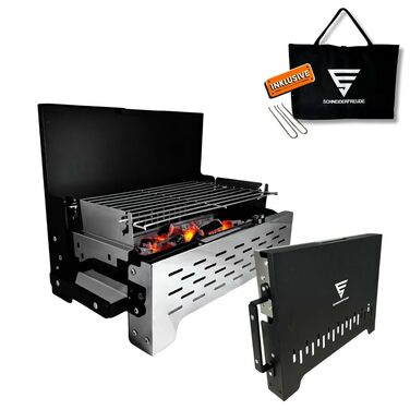 Складаний гриль 2.0 Регульований по висоті кемпінговий гриль з подвійними щипцями та сумкою вугільний гриль, протестований DEKRA, для використання на свіжому повітрі та барбекю. Складаний гриль з регулюванням висоти.