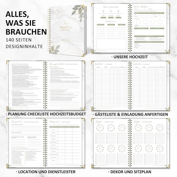 Весільний планувальник німецькою мовою для великого дня, 160 сторінок з розкладом, контрольними списками, часовим графіком та порадами, весільна книга з календарем, чудовий подарунок на заручини - DIN A4 Modern (німецька)
