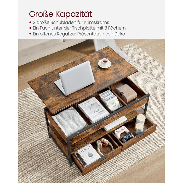 Журнальний столик VASAGLE, стіл для вітальні з регульованою висотою, журнальний столик, з шухлядами, відкритий відсік, 50 x 100 см, вінтажний коричневий-чорний LCT209K01 50 см x 100 см Вінтажний коричневий чорнильний