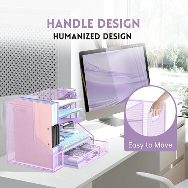 Настільний органайзер SUPEASY з тримачами для файлів, 5-ярусний сітчастий органайзер для лотків для листів з тримачем для ручок та шухлядою, настільний органайзер та місце для зберігання з 3 похилими сортувальниками файлів, фіолетовий