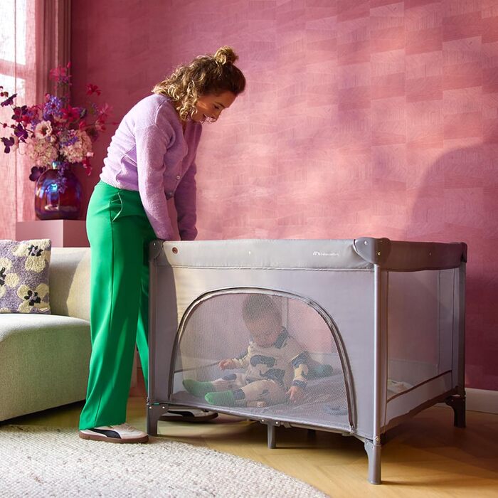 Дитяче ліжечко-манеж 2-в-1, 0-3 роки (15 кг), Компактне дорожнє ліжечко, Бічне вікно, Великий матрац, Сумка для перенесення, Складане, Стабільне, Мінерально-сірий колір