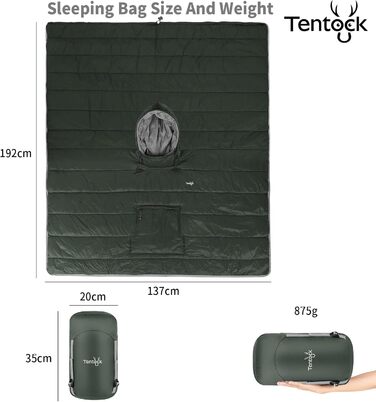 Зимове пончо Tentock унісекс з капюшоном, тепла ковдра, пуловер з капюшоном, надлегкий спальний мішок, водонепроникний, невелика ковдра для кемпінгу та походів на свіжому повітрі, сірий