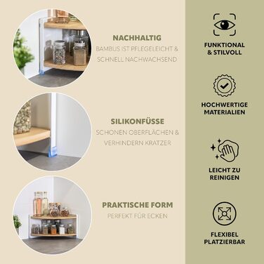 Кутова полиця для спецій eluno з бамбуковими полицями та захистом від подряпин, окремостояча кутова полиця для кухні, універсальний органайзер для більшого простору та порядку - комбінація матеріалів бамбук та метал (білий) білий