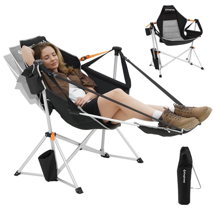 Легке крісло-гойдалка для кемпінгу KingCamp, складне крісло-гойдалка для кемпінгу з 3 регульованими спинками, розкладне вуличне крісло-гойдалка з тримачем для напоїв, підвісне крісло-гойдалка для використання в приміщенні, вітальня, сад, патіо, чорне з пі