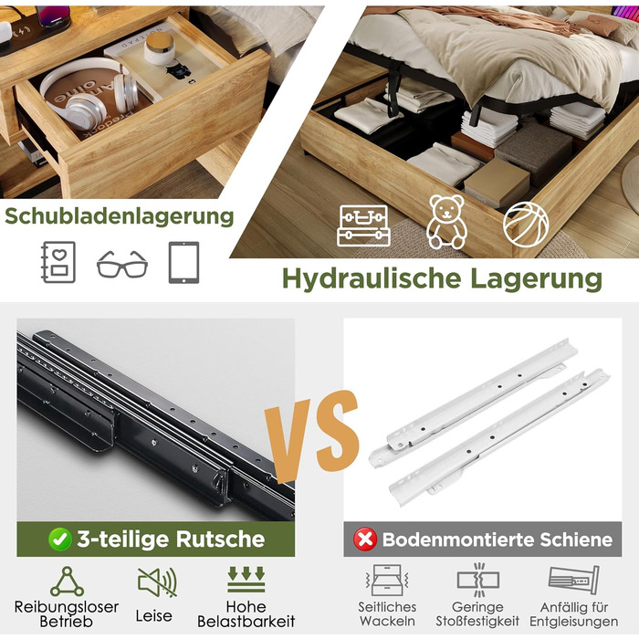 Двоспальне ліжко 180x200 з тумбочкою, узголів&39ям для зберігання речей з шухлядами та функцією зарядки USB Type-C, гідравлічне ліжко для зберігання речей, дерев&39яний каркас ліжка, дитяче ліжко, доросле ліжко, без матраца, дуб, без матраца 180x200 см