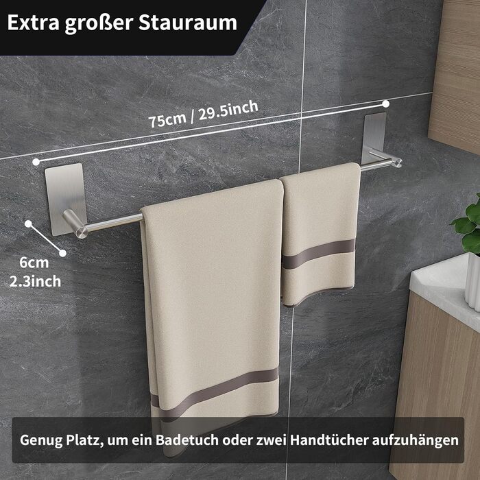 Рушникосушка без свердління 75см SUS304 Нержавіюча сталь Самоклеюча рушникосушка Міцна рушникосушка для ванної кімнати, спальні, к