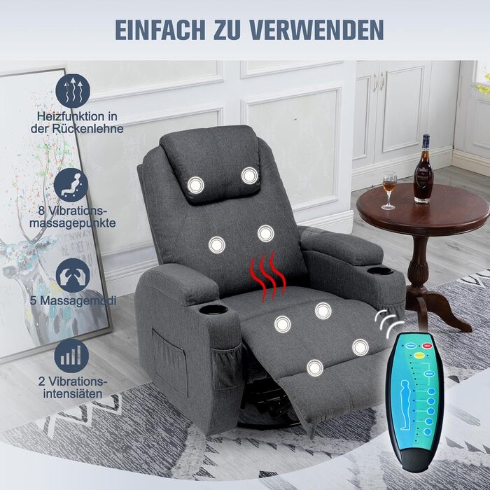 Крісло для телевізора, відкидне крісло, масажне крісло з функцією підігріву та вібрації, пульт дистанційного керування, поворот на 360, лляно-сірий колір