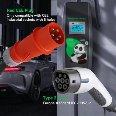 Зарядний кабель KHONS тип 2 з вилкою CEE 5 метрів 6-16А 3 фази 11кВт IP65 Мобільна зарядна станція для настінних коробок за станда