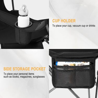 Крісло для кемпінгу WOLTU, складне рибальське крісло, надлегке крісло, крісло-відкидка зі спинкою, підставка для ніг, тримач для напоїв, сумка для зберігання, шезлонг, вантажопідйомність 150 кг, складне крісло з тканини Оксфорд, чорне