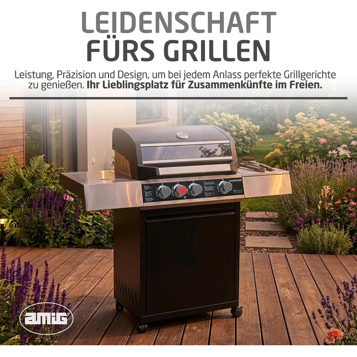 Газовий гриль Amig Fireplus XL GRILL-2 4F (129 x 55 x 115 см) чавунна решітка (60 x 41,5 см), термометр, бічна полиця, нижня шафа та колеса з гальмами, чорний
