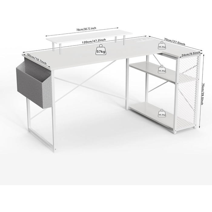 Кутовий стіл, 100/120 x 70 см, L-подібний комп&39ютерний стіл з розеткою, боковими кишенями та підставкою для монітора підходить для офісів, кабінетів та комп&39ютерних кімнат (білий, 120x70x75 см) Білий 120x70x75 см