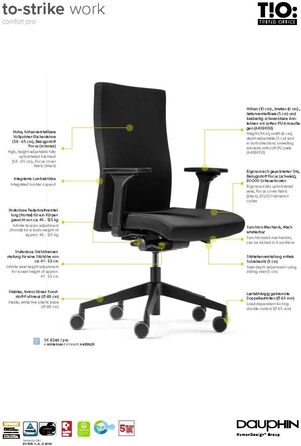 Переможець тесту Stiftung Warentest, ергономічне офісне крісло з 4D-підлокітниками, регульованою по висоті спинкою, від Dauphin (чорне), 9248