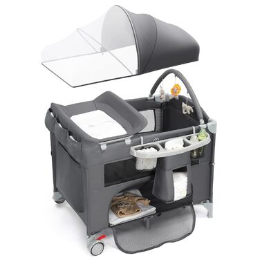 Приліжкове ліжечко 5-в-1, дорожнє ліжечко, дитяче ліжечко з пеленальною підкладкою, містким кошиком для зберігання, москітною сіткою, ігровою аркою та дорожньою сумкою для новонароджених та малюків (сірий колір)