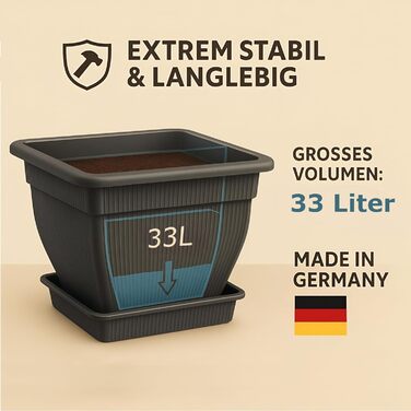 Кашпо BURI XL 48x48 см, великий квітковий горщик Горщик для рослин з резервуаром для води та блюдцем 30-літровий квітковий горщик для використання в приміщенні та на вулиці, антрацитового кольору УФ-стійкий, морозостійкий, надзвичайно міцний, антрацитовий