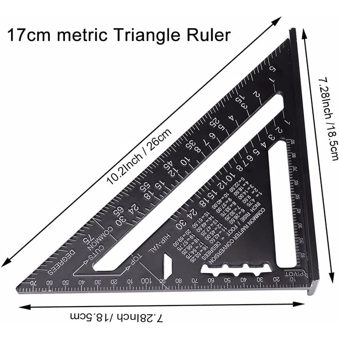И Метрична трикутна лінійка, 17см і 30см, чорна трикутна лінійка, квадратний транспортир, алюмінієвий сплав, трикутна лінійка, макетний вимірювальний інструмент для інженерів, столярів, теслярів., 2 шт.