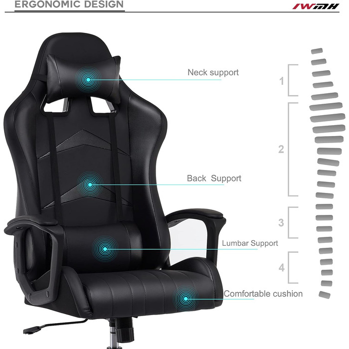 Ігрове крісло IntimaTe WM Heart, ергономічне ігрове крісло, офісне крісло з регульованим підголівником та поперековою опорою, комп&39ютерне крісло з високою спинкою, 52 x 49 x 130 см (чорне) Чорний 52 Г x 49 Ш x 130 В см