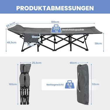 Розкладне ліжечко COSTWAY зі зручним бавовняним наповнювачем інтегрована подушка та матрац, розкладне кемпінгове ліжко, вантажопідйомність до 200 кг, розкладне ліжко з бічною кишенею, кемпінговий шезлонг з сумкою для перенесення, гостьове ліжко сірого кол