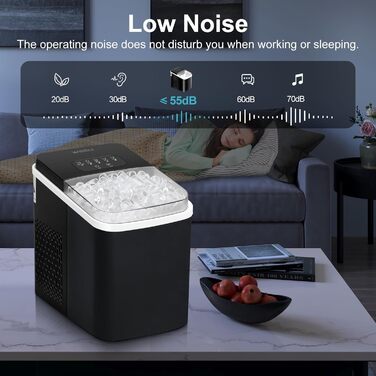 Машина для виробництва кубиків льоду WOLTU, 15 кг/24 години, 9 кубиків льоду за 7 хвилин, резервуар для води 1,4 л, 2 розміри кубиків льоду, світлодіодний екран, функція самоочищення, льодогенератор з прозорою кришкою, чорний 1,4 л чорний