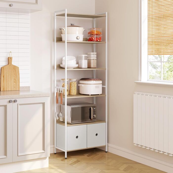 Окремостояча полиця WOLTU, книжкова полиця з 5 полицями та 2 шухлядами, настільна полиця для вітальні, кухні, кабінету, спальні, з металевим каркасом, 63x187x30 см, світлий дуб білий, RGB62whe 63x30x187 см Світлий дуб білий