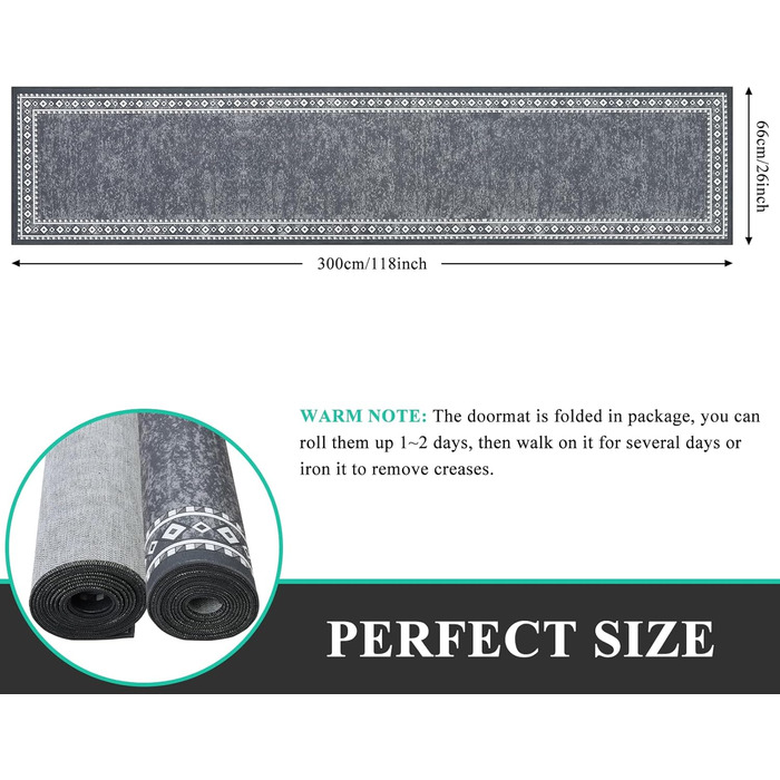 Довга килимова доріжка 66 x 300 см, що миється, нековзка доріжка, килим для передпокою, кухонна доріжка, міцний килимок для вхідних дверей, передпокою, входу, кухні, спальні (сірий) сірий 66 x 300 см