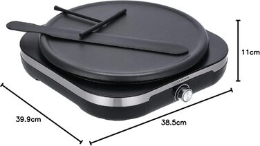 Млинниця для солодких млинців і солоних галет, Млинниця зі знімною пластиною для гриля XXL (38 см), приблизно 1 500 Вт, нержавіюча сталь матова/чорна, CM 2199 1,500 Вт