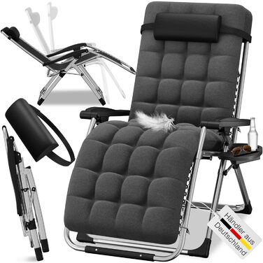 Складаний шезлонг ELONEO з преміальною подушкою, всепогодний шезлонг з вантажопідйомністю 200 кг, надзвичайно широкий садовий стілець, садовий шезлонг з регульованою спинкою, подушкою для шиї та тримачем для напоїв, антрацит