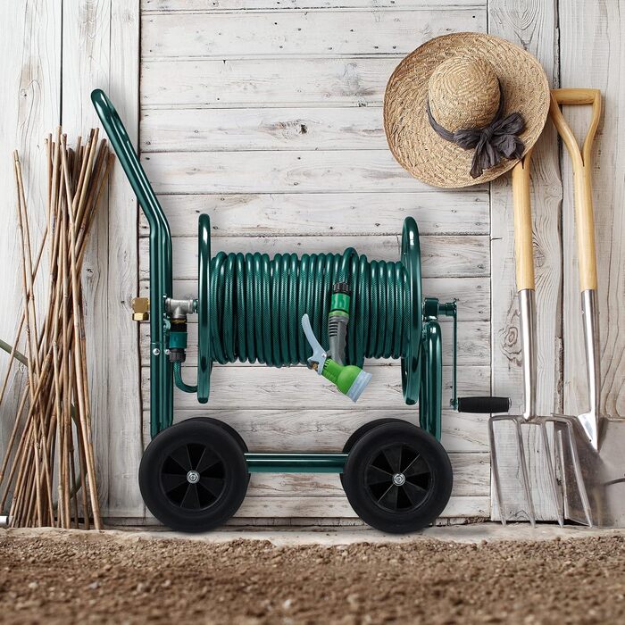 Садовий візок для шланга Relaxdays, до 60 м, 4 суцільні гумові колеса, швидке зєднання, металева бочка для шланга, зелений